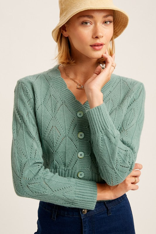 Scallop Edge Button Down Crop Knit Cardigan