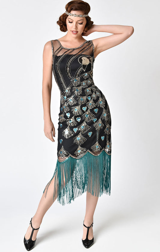 1920's Great Gatsby Antoinette Flapper Black Peacock Dress by Unique Vintage