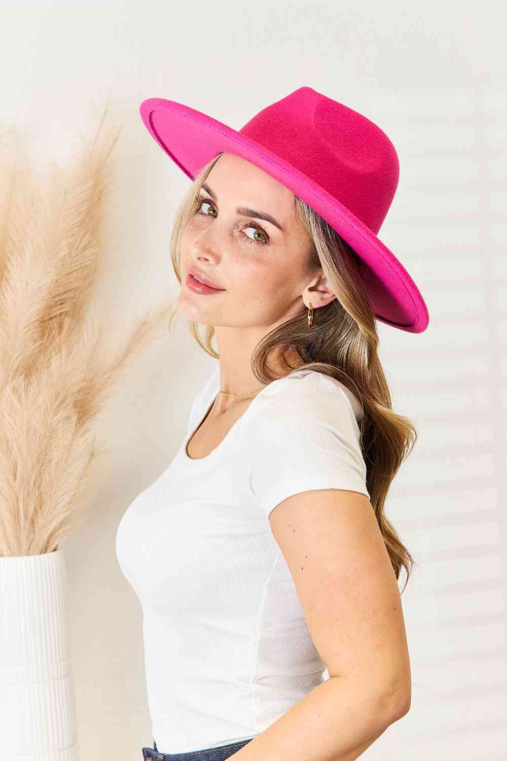 Fame Flat Brim Fedora Fashion Hat in Hot Pink