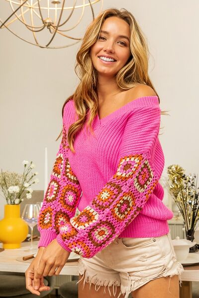 V-Neck Crochet Long Sleeve Sweater by BiBi