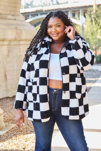 Double Take Full Size Checkered Button Front Coat with Pockets Plus Size Shacket