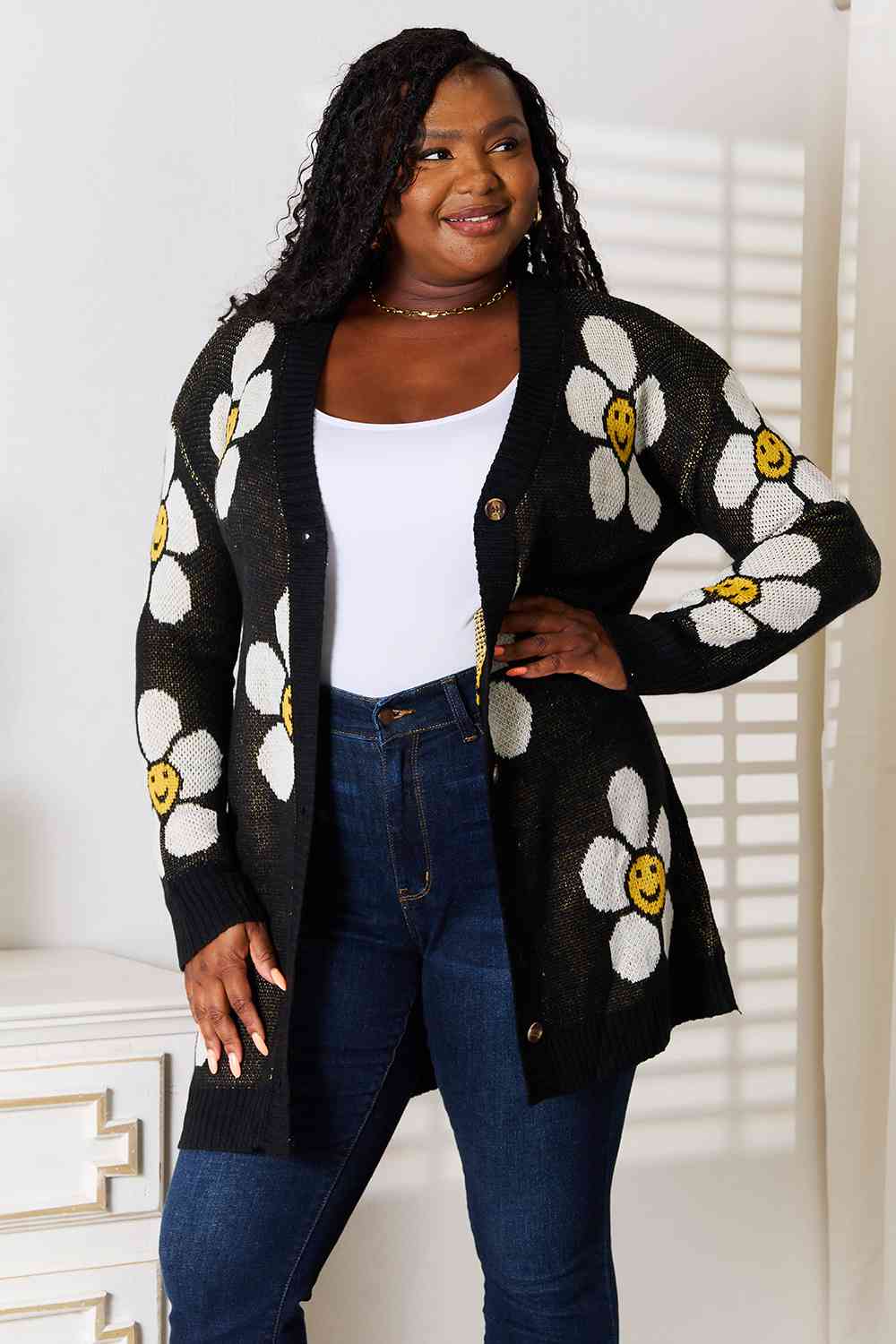 Double Take Floral Button Down Longline Cardigan Daisy