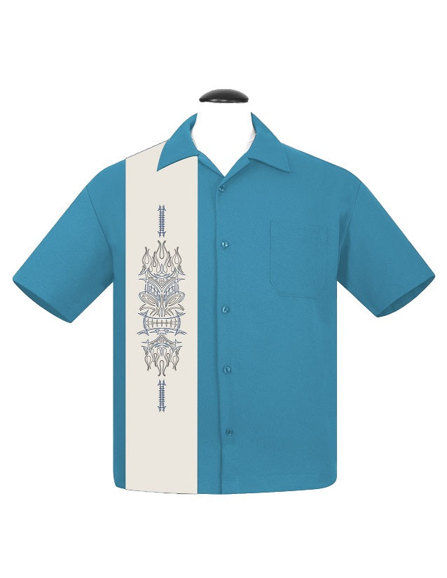 Pinstripe Tiki Panel Bowling Shirt in Pacific by Steady Clothing