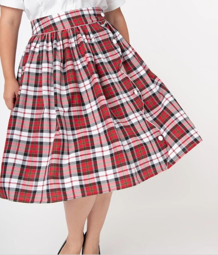 Red and Black Plaid Scalloped Button Women's Romero Swing Skirt by Unique Vintage