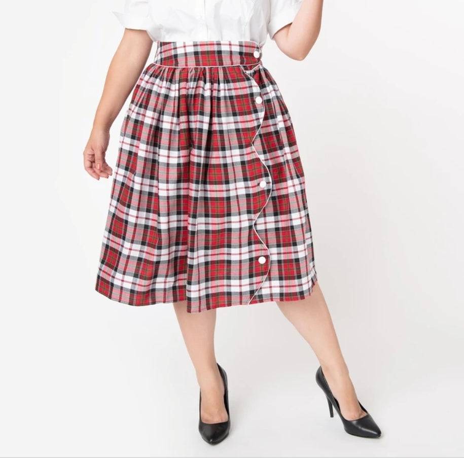 Red and Black Plaid Scalloped Button Women's Romero Swing Skirt by Unique Vintage