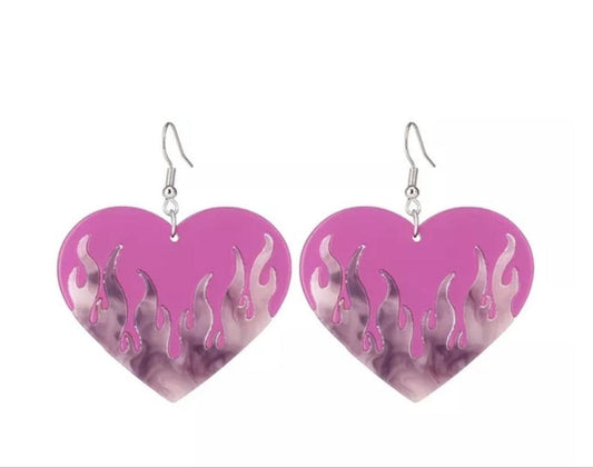 Pink Heart Silver Flame Drop Earrings