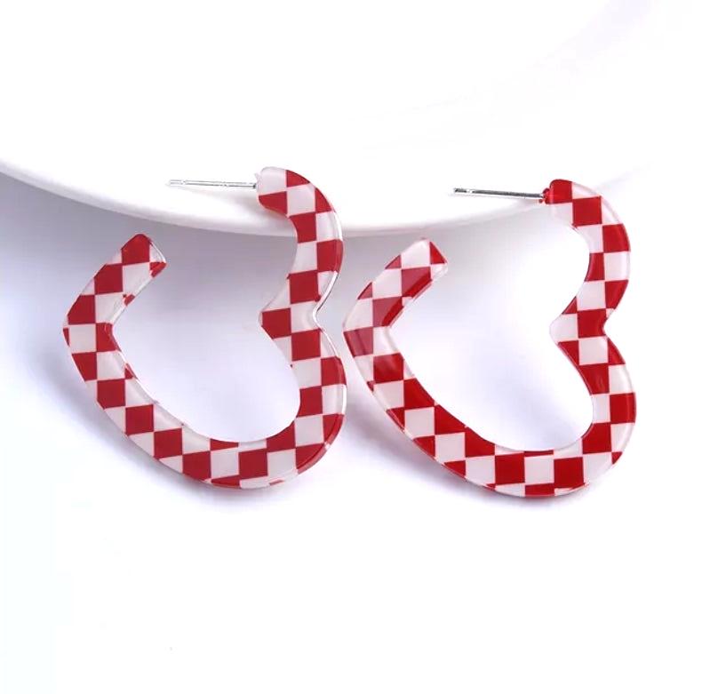 Red and White Checkered Heart Hoop Earrings