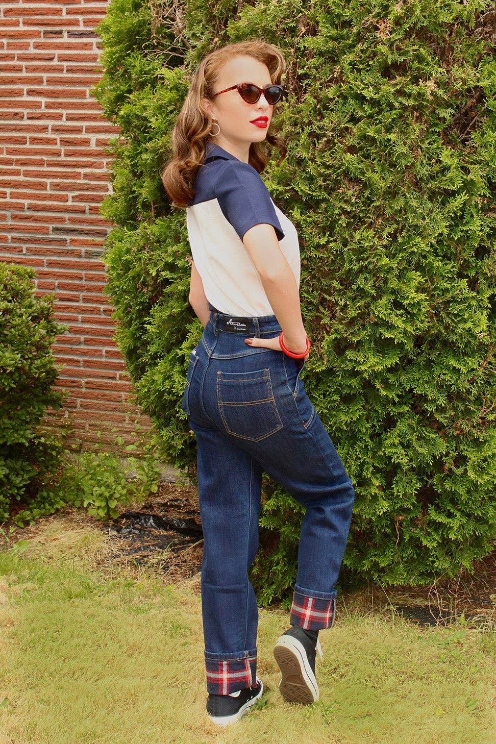 Astro Bettie - 1940s Reproduction Flannel Lined Jeans - Red/Blue