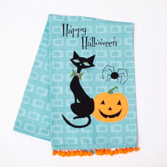 Mid Century Modern Halloween Cat Tea Towel