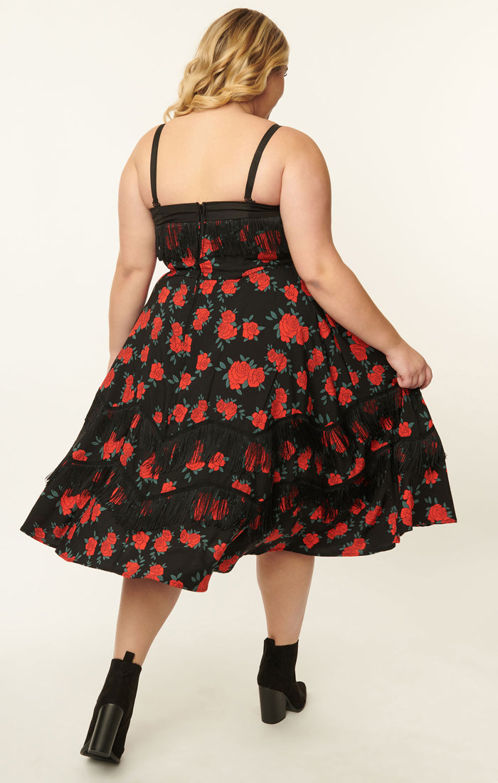Black & Red Rose Print Girlie Swing Dress by Unique Vintage