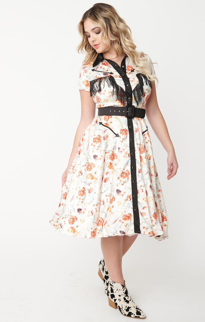 Madeline Floral Print Swing Dress in Ivory by Unique Vintage